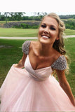 Pink Prom Dresses with Cap Sleeves A Line Long Prom Dresses with Rhinestones N1363