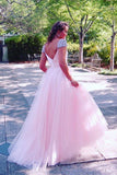 Pink Prom Dresses with Cap Sleeves, A Line Long Prom Dresses with Rhinestones N1363