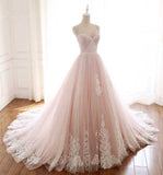 Pink Straps Tulle Prom Dresses with Lace Appliques A-Line Formal Dresses N1488