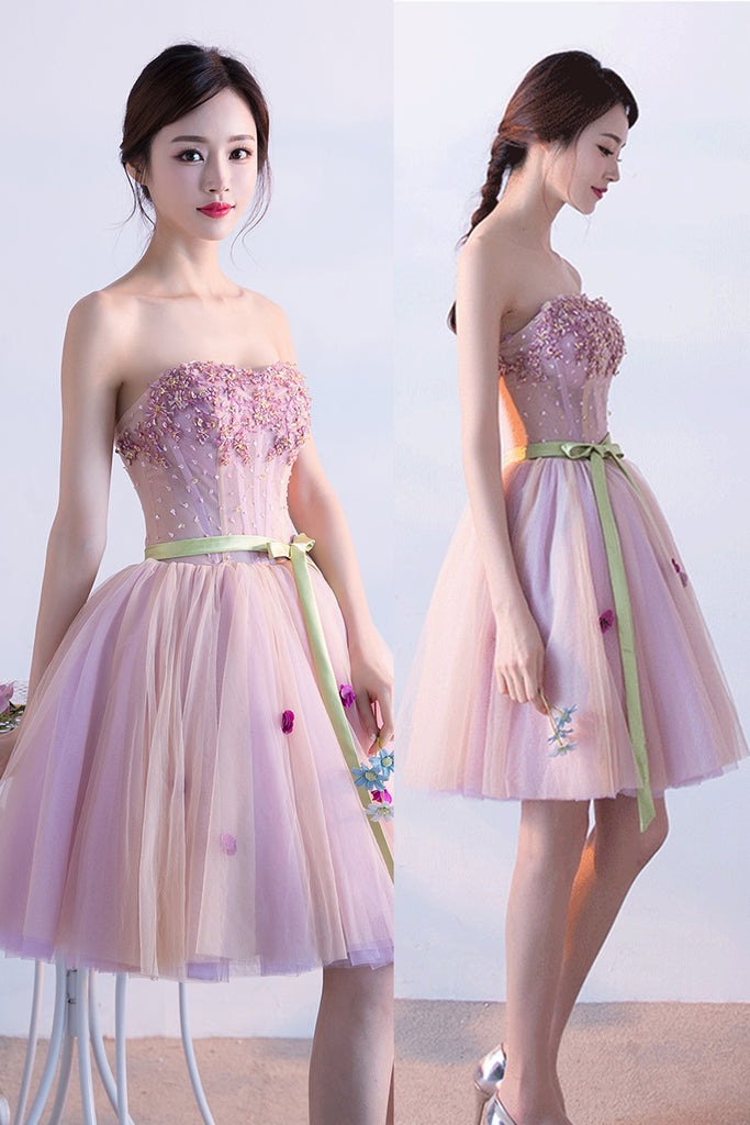 Pink Sweetheart Tulle Homecoming Dress with Ribbon, Short Prom Dress with Beads N1728