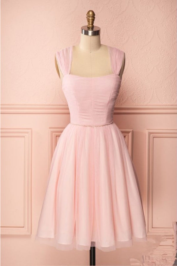 Pink Vintage Straps Tulle Knee Length Homecoming Dress, Straps Graduation Dresses