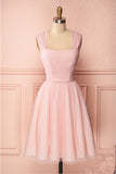 Pink Vintage Straps Tulle Knee Length Homecoming Dress, Straps Graduation Dresses