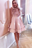 Pink Tiered Homecoming Party Dresses with Appliques A Line Sleeveless Graduation Dresses N1910