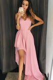 A Line V-Neck High Low Pink Simple Long Prom Dresses Unique Chiffon Formal Dresses N1691
