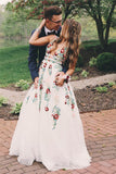 A Line V Neck Ivory Lace Prom Dresses with Embroidery, Printed Evening Dresses N1210