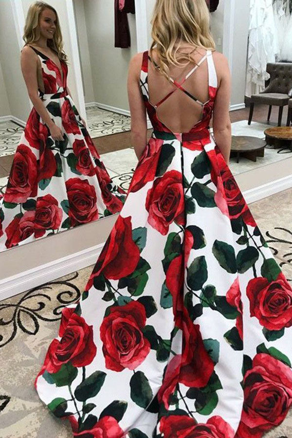 New Red Floral Prom Dress, Cheap Deep V Neck Sweep Train Printed Prom Dress N1246