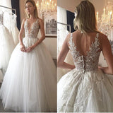 Ivory Deep V-Neck Lace Appliqued Tulle Wedding Dresses