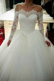 Ball Gown Long Sleeve Wedding Dresses with Lace Off the Shoulder Tulle Bridal Dresses N1113