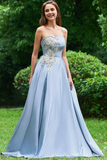 Light Blue Strapless Long Prom Dress with Appliques, A Line Cheap Formal Dress with Beads N1665