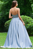 Light Blue Strapless Long Prom Dresses with Appliques A Line Formal Dresses with Beads N1665
