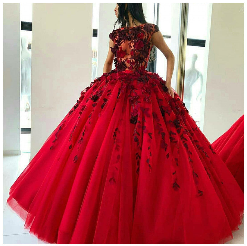 Red Ball Gown Prom Dresses with Appliques Floor Length Tulle Quinceanera Dresses N1325