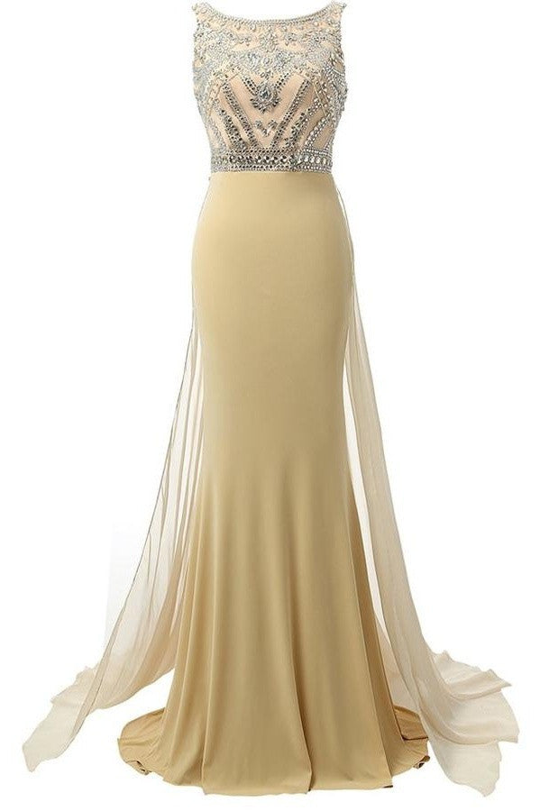 Gorgeous Mermaid Champagne Beaded Long Prom Dresses