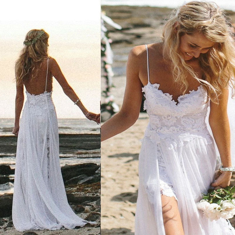 Spaghetti Straps White Lace Chiffon Beach Wedding Gowns – Simibridaldresses