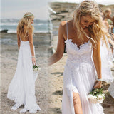 Spaghetti Straps White Lace Chiffon Backless Beach Wedding Dress