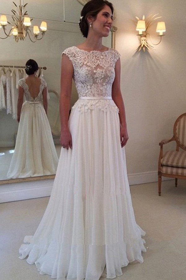 A-line Lace Appliqued Cap Sleeves Ivory Chiffon Brial Dress,Long Backless Beach Wedding Dresses,N233