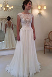 A-line Lace Appliqued Cap Sleeves Ivory Chiffon Brial Dress,Long Backless Beach Wedding Dresses,N233
