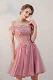 Pink Off the Shoulder Short Tulle Prom Dress, Cute Homecoming Dress with Appliques N1681