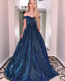 A Line Off The Shoulder Blue Sweetheart Formal Evening Dresses Long Prom Dresses