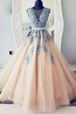 Puffy Sleeveless Teal Blue Lace Appliqued and Peach Tulle Long Prom Dresses