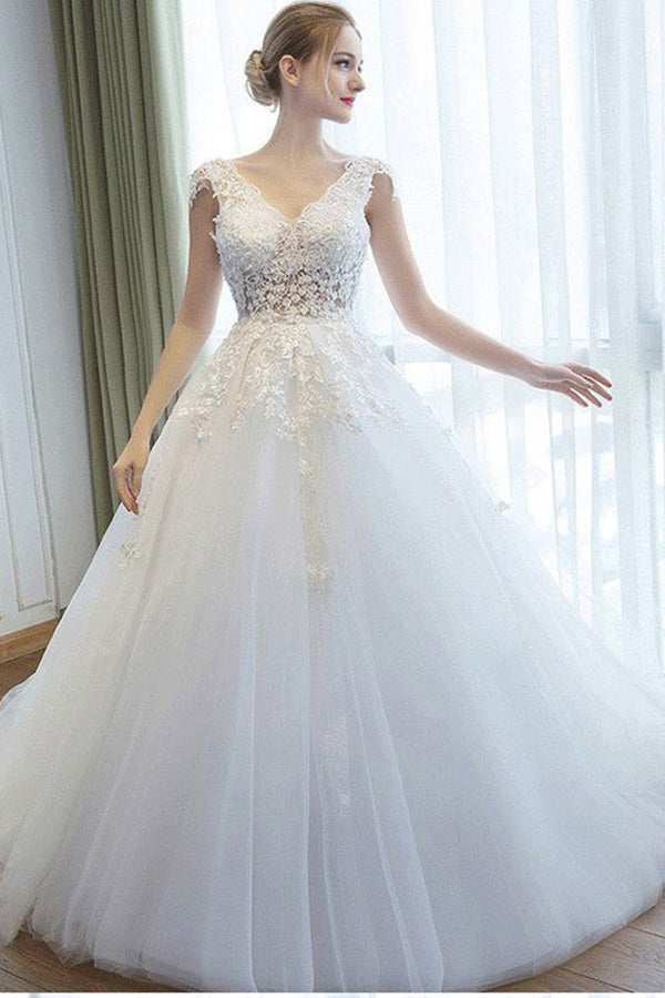 Ball Gown V Neck Tulle Court Train Appliques Lace Backless Cap Sleeve Bridal Dresses N1265
