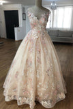 Champagne Puffy Sheer Neck Floor Length Party Dress with Appliques, Long Prom Dress with Flower N1293