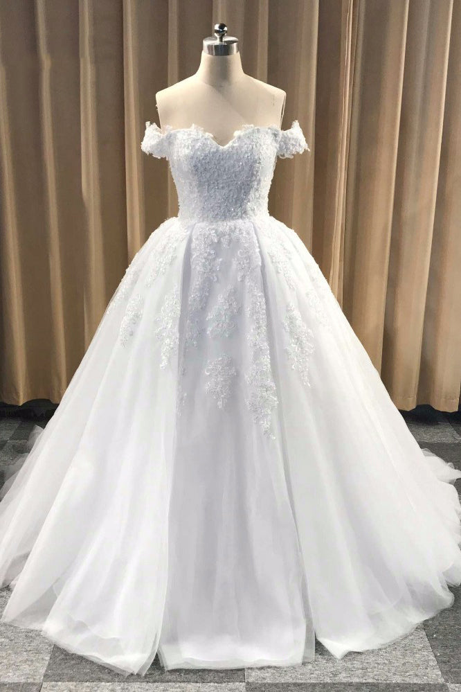 Puffy Off Shoulder Tulle Wedding Dress, Cheap Appliqued Bridal Dress with Train