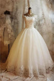 Ivory Off Shoulder Tulle Puffy Wedding Dresses with Short Sleeve Floor Length Bridal Dresses N1157