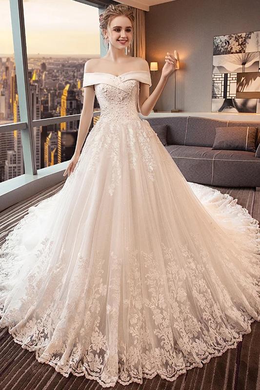 Gorgeous Off the Shoulder Lace Long Train Wedding Dresses, Princess Bridal Dresses N2581