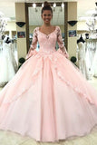 Gorgeous Pink Tulle Long Sleeves Lace Appliques Long Quinceanera Puffy Dresses
