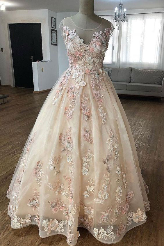 Puffy Sheer Neck Floor Length Party Dresses with Flowers Long Prom Gown with Appliques N1742
