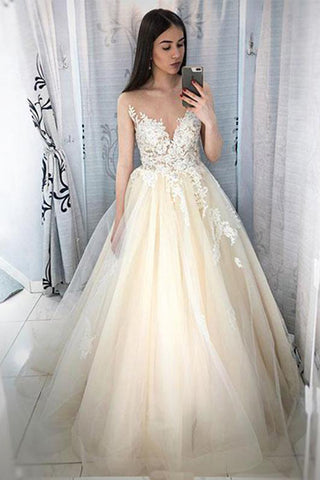 Lace Appliqued Tulle Long A Line Prom Dresses Sheer Neck Wedding Dresses N1297