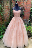 Spaghetti Straps Floor Length Tulle Prom Dress with Lace Appliques N2451