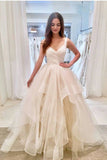 Puffy Straps Long Beach Wedding Dress Unique Cascading Ruffles Bridal Dress N1759