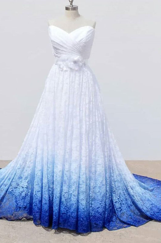 White Sweetheart Lace Wedding Dress, Ombre Wedding Dresses with Flowers N2254