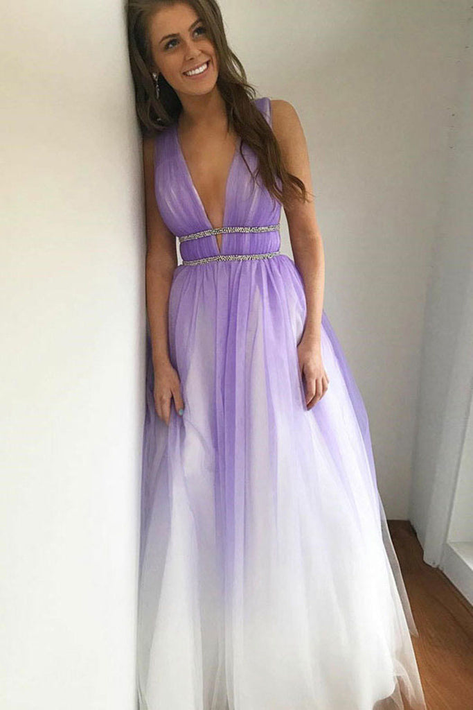 Ombre Deep V Neck Tulle Prom Dress, Gradient Purple Long Tulle Party Dresses