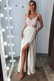 Classic A Line Spaghetti Straps Split Prom Dresses Long with Lace Appliques N2480