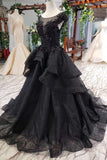 Puffy Cap Sleeves Lace Appliques Beaded Long Black Prom Dresses