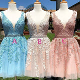 A Line Blue V-Neck Lace Appliques Tulle Homecoming Dress