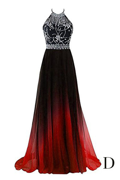 A Line Halter Gradient Chiffon Long Beading Prom Dresses N662