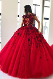 Red Ball Gown Prom Dress with Appliques, Floor Length Tulle Quinceanera Dress N1325