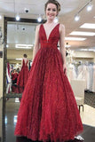 Beautiful Deep V Neck Dance Dress, A Line Sleeveless Long Prom Dresses N1592