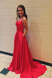 Red Spaghetti Strap Split Formal Dress with Pockets, Sexy Long Prom Dress with Side Slit N1615