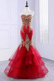 Floor Length Sweetheart Mermaid Red Prom Dress, Gold Appliqued Long Evening Dress N1233