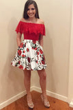 A Line Off-the-Shoulder Boho Style Floral Print Homecoming Dresses with Pockets N967