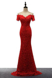 Red Off the Shoulder Mermaid Lace Prom Dresses, Sweep Train Long Evening Dresses