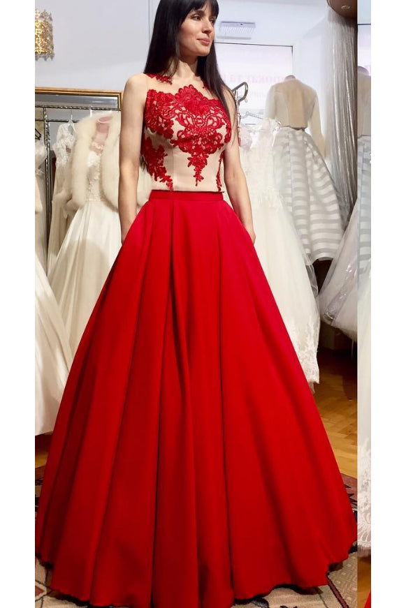 Puffy Floor Length Red Prom Dress with Appliques, Long Satin Evening Dress