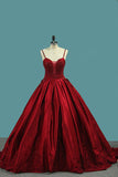Red Spaghetti Strap Satin Puffy Prom Dress with Crystals, Beading Gorgeous Formal Dress N1558