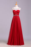 Red Floor Length Chiffon Prom Dress with Crystals, A Line Pleated Evening Dress