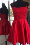 Red Spaghetti Strap Satin Homecoming Dress with Lace Top N2120