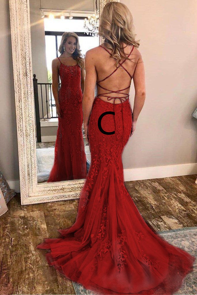 Mermaid Spaghetti Straps Lace Appliques Criss Cross Back Prom Dresses with Rhinestones